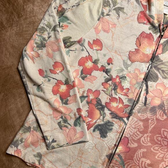 Vintage 90s Christopher & Banks Floral Print Chinese Text Zip Up Jacket Hoodie - Picture 3 of 8